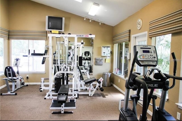 exercise room featuring vaulted ceiling and track lighting