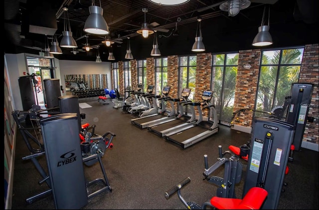 workout area with brick wall