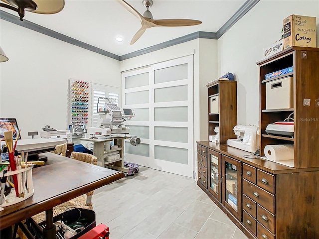 home office with ornamental molding and ceiling fan