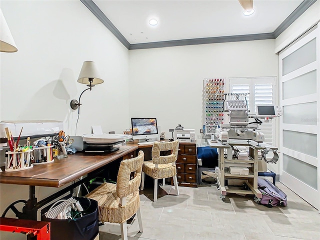 home office with crown molding and light tile patterned flooring