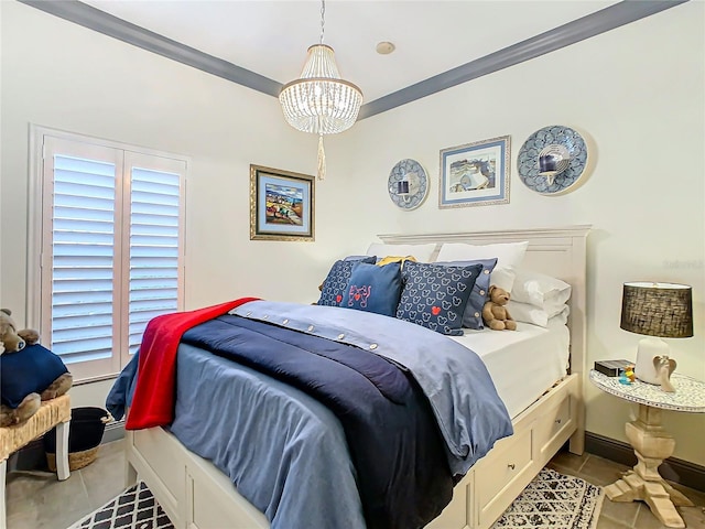 tiled bedroom with an inviting chandelier and ornamental molding