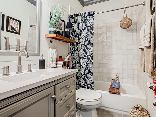 full bathroom with shower / bathtub combination with curtain, vanity, and toilet