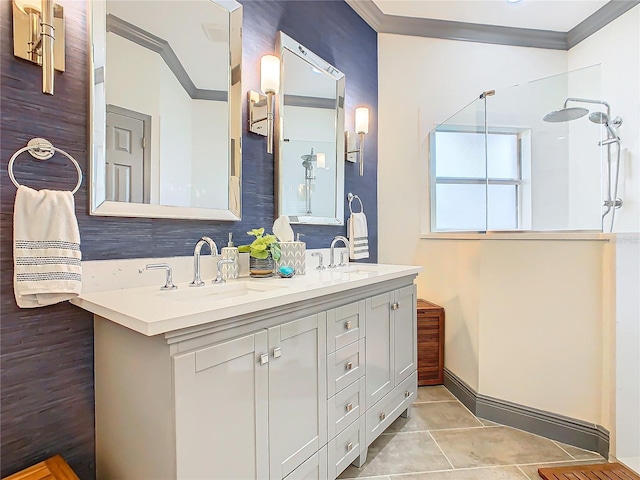 bathroom featuring walk in shower, ornamental molding, vanity, and tile patterned flooring