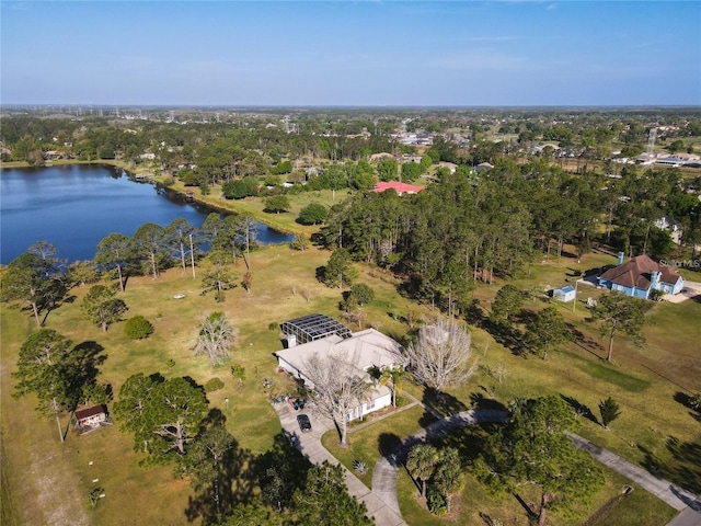 drone / aerial view with a water view