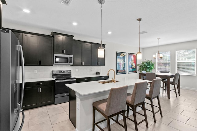 kitchen featuring appliances with stainless steel finishes, a kitchen island with sink, a kitchen breakfast bar, decorative light fixtures, and sink