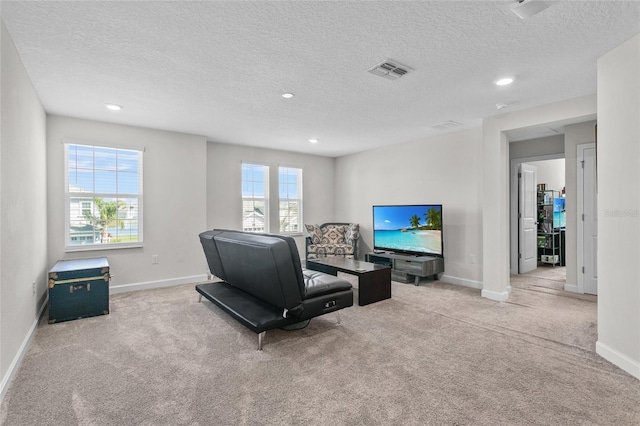 carpeted living room with a textured ceiling