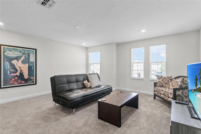 carpeted living room featuring a textured ceiling and a healthy amount of sunlight