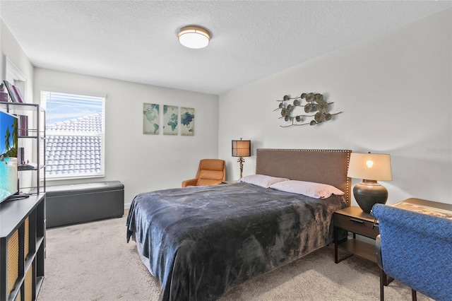 carpeted bedroom with a textured ceiling