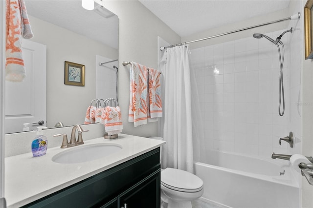 full bathroom with toilet, a textured ceiling, shower / bath combo, and vanity