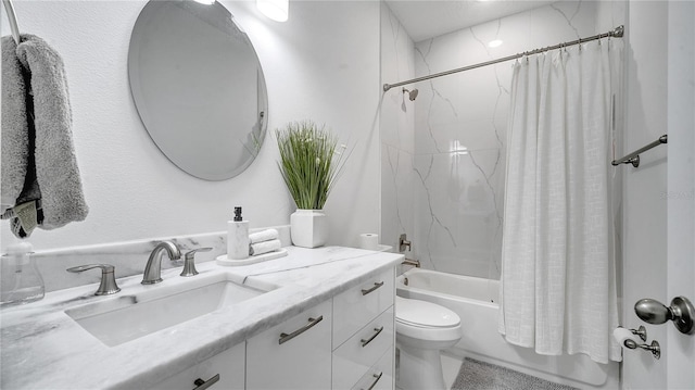 full bathroom with shower / bath combo with shower curtain, toilet, and vanity