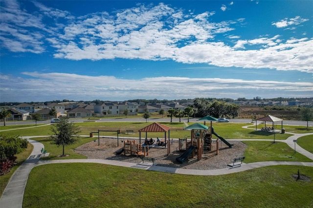 view of play area featuring a gazebo and a yard