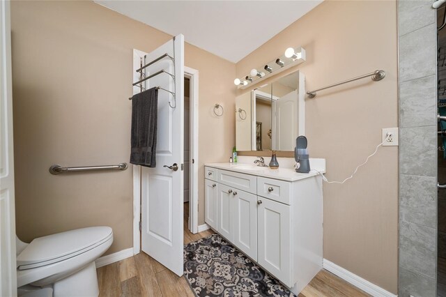 bathroom featuring toilet, vanity, and wood-type flooring