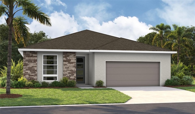 ranch-style home featuring a garage and a front yard