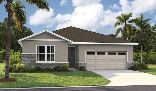 ranch-style house featuring driveway, stone siding, a front lawn, and stucco siding