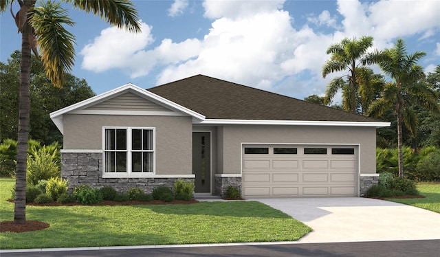 view of front of property featuring a garage and a front lawn