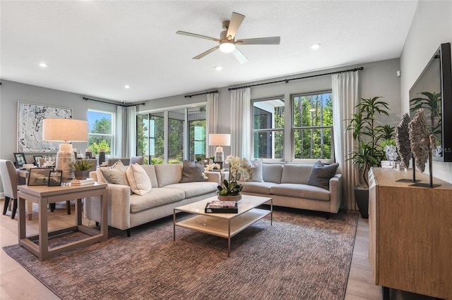 living room with hardwood / wood-style flooring and ceiling fan