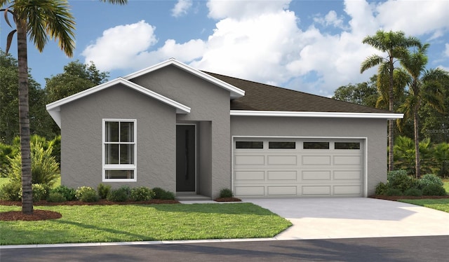 single story home with an attached garage, concrete driveway, a front lawn, and stucco siding