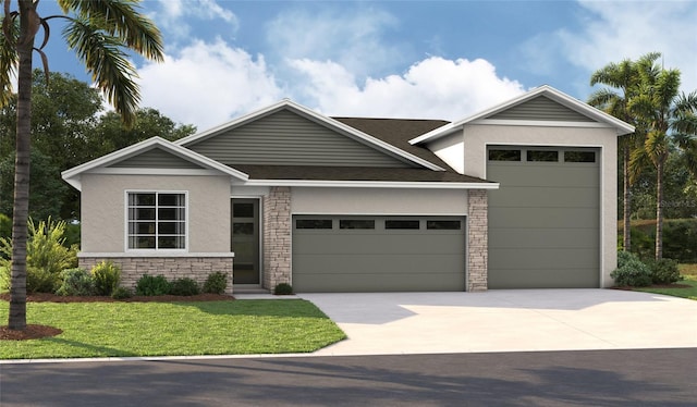 craftsman inspired home with driveway, stone siding, an attached garage, a front yard, and stucco siding