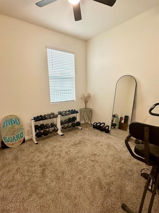 exercise room featuring carpet floors and ceiling fan