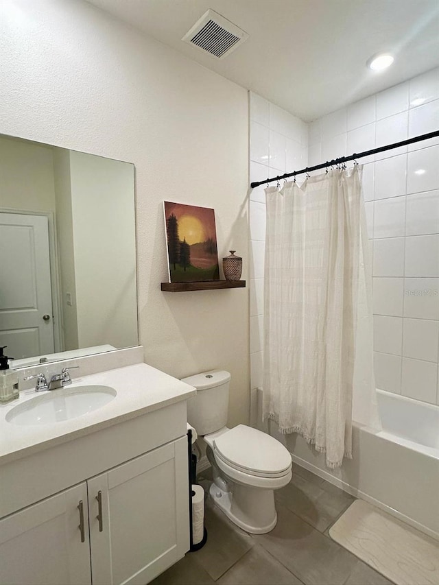 full bathroom with toilet, tile patterned floors, vanity, and shower / bathtub combination with curtain