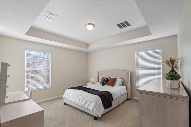 carpeted bedroom with a tray ceiling