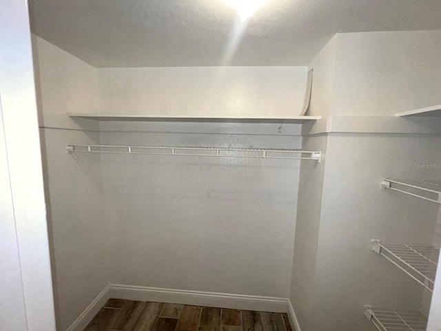 walk in closet with dark wood-type flooring