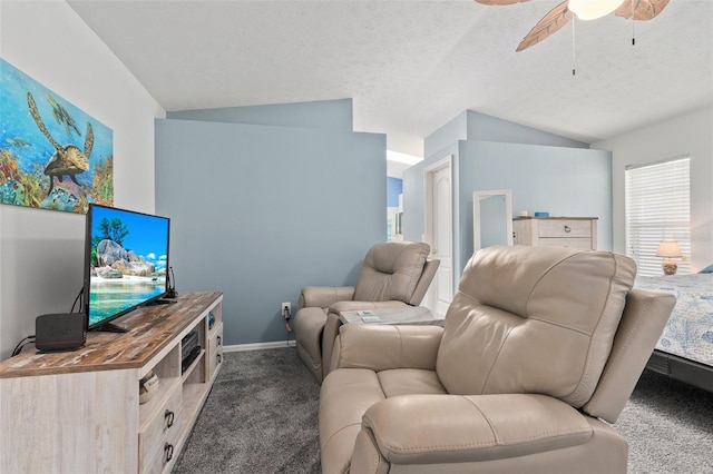 carpeted living room with a textured ceiling, ceiling fan, and lofted ceiling