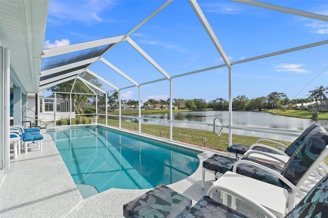 view of pool featuring a water view, a patio area, and a lanai