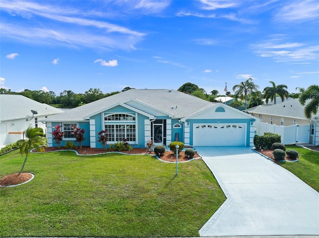 single story home featuring a front lawn and a garage