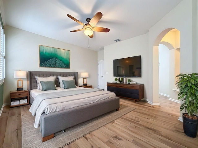 bedroom featuring ceiling fan and light hardwood / wood-style floors