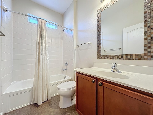 bathroom with vanity, tile patterned flooring, toilet, and shower / tub combo with curtain