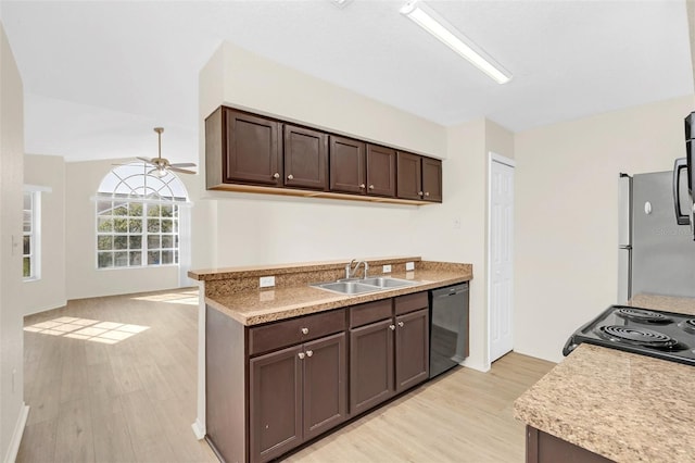 kitchen with sink, black appliances, dark brown cabinets, and light hardwood / wood-style flooring