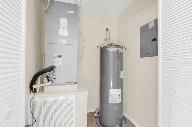 utility room featuring electric panel, water heater, and heating unit