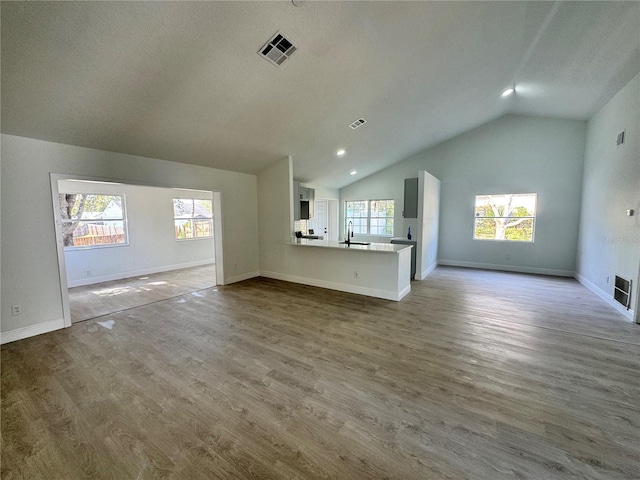 unfurnished living room featuring vaulted ceiling, plenty of natural light, and wood-type flooring