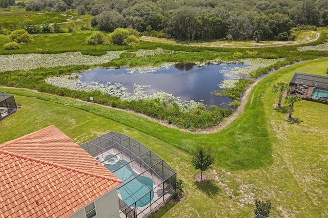 drone / aerial view with a water view