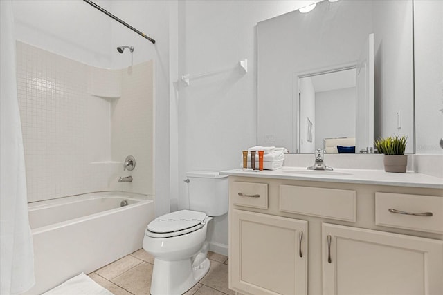 full bathroom with toilet, vanity, shower / bath combo, and tile patterned flooring