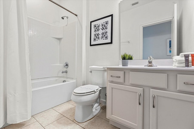 full bathroom with shower / bath combo with shower curtain, toilet, vanity, and tile patterned flooring