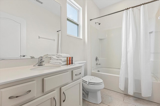 full bathroom with shower / bath combo, toilet, tile patterned flooring, and vanity