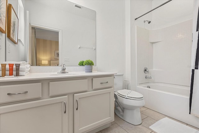 full bathroom with vanity, toilet, tub / shower combination, and tile patterned floors