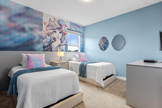 bedroom featuring light colored carpet and lofted ceiling