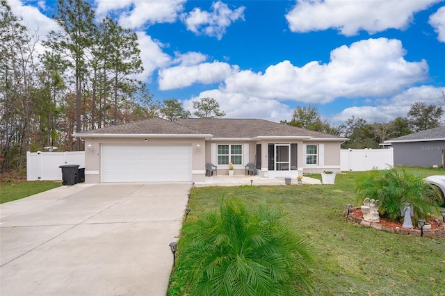 ranch-style home with a garage and a front yard