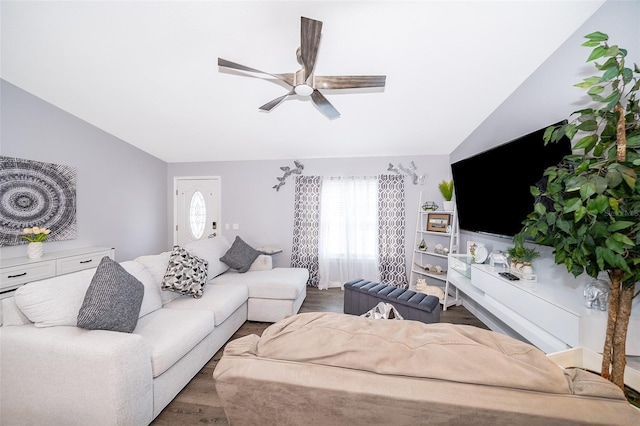 living room featuring lofted ceiling, wood-type flooring, and ceiling fan