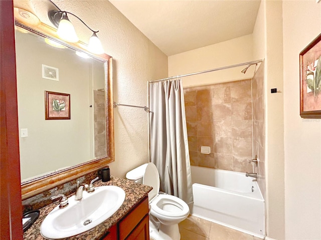 full bathroom with toilet, shower / tub combo, tile patterned floors, and vanity