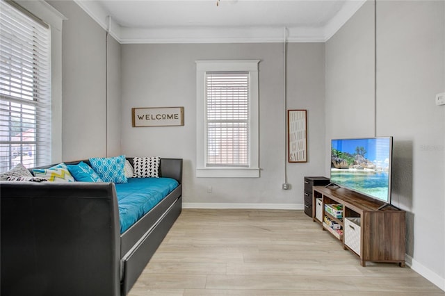 living room featuring ornamental molding and light hardwood / wood-style floors