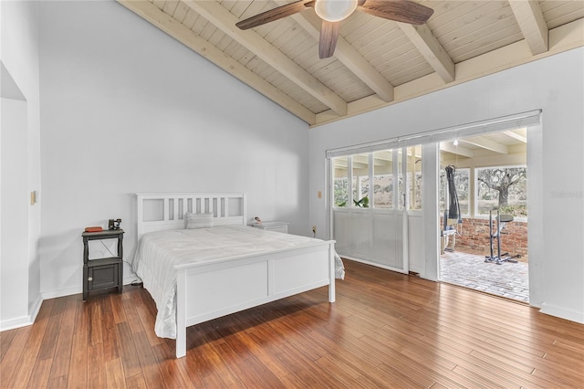 bedroom featuring wood ceiling, access to exterior, dark hardwood / wood-style floors, ceiling fan, and beam ceiling