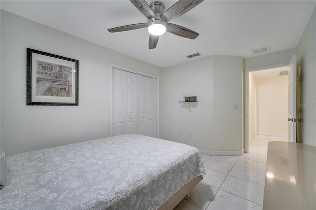 bedroom featuring ceiling fan and a closet