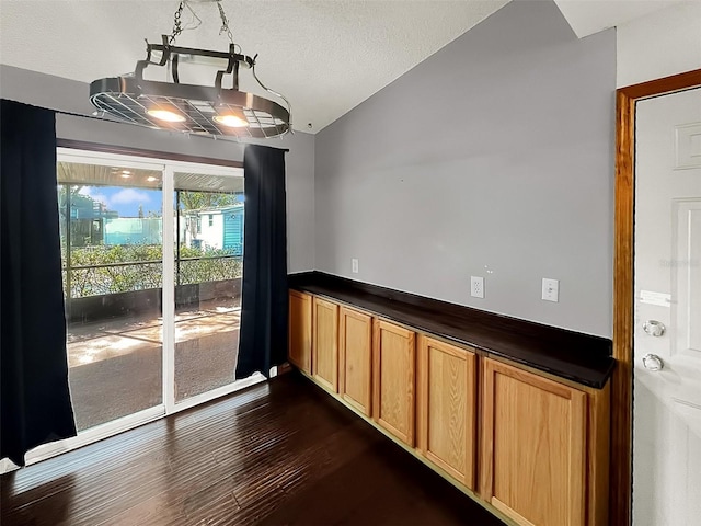 unfurnished dining area featuring lofted ceiling, dark hardwood / wood-style floors, and a textured ceiling