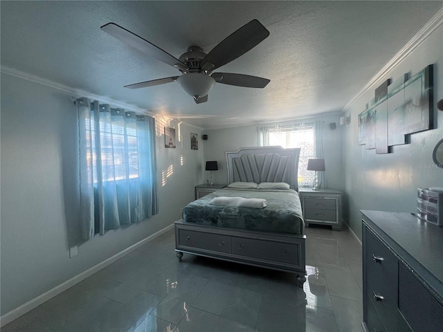 bedroom featuring a textured ceiling, ceiling fan, and ornamental molding