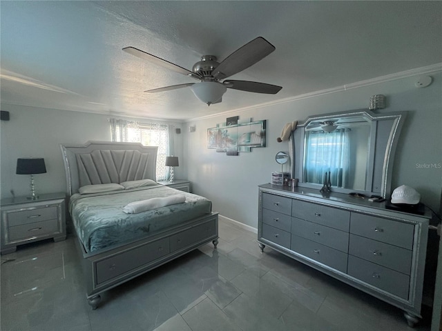 bedroom with a textured ceiling, ceiling fan, and crown molding