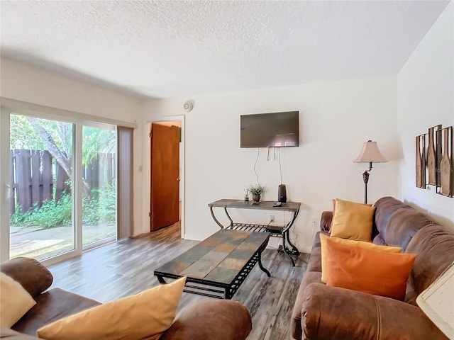 living room with light hardwood / wood-style floors and a textured ceiling